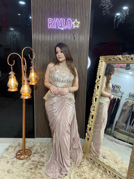 Blush Pink, Beige & Black Embellished Peplum Draped Saree Set RC679