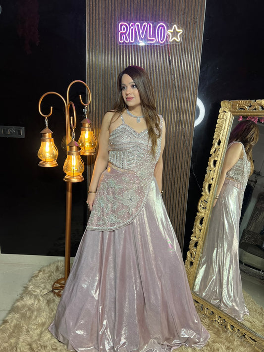 Pink Sleeveless Drape Crop Top Lehenga Set AC141