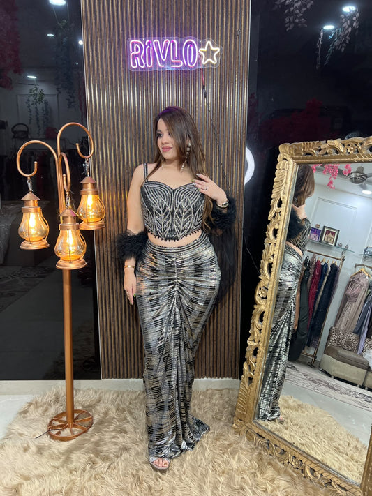 Midnight Glam Silver & Ivory Sequin Co-Ord Set RC688
