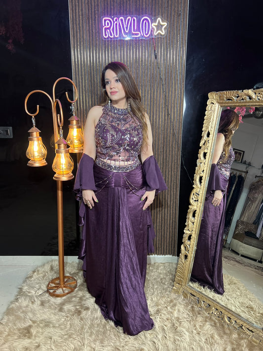 Royal Plum & Black Embellished 3-Piece Indo-Western Set RC680