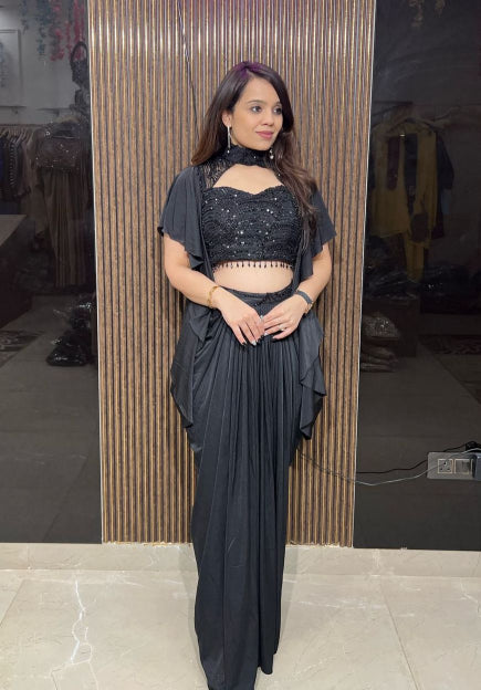 Black Draped Indo-Western Saree Set RC212