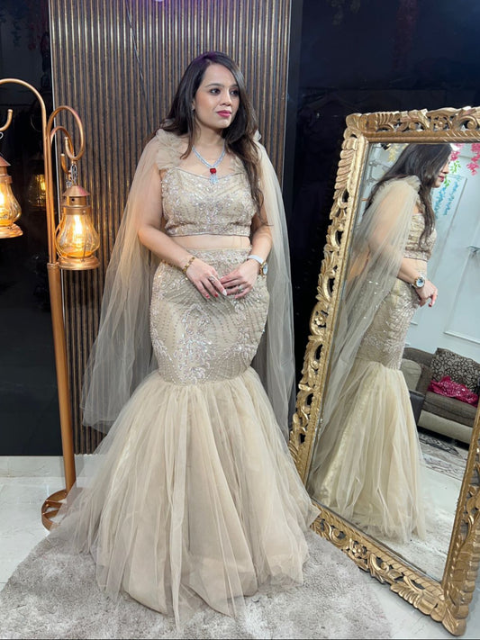 Champagne Gold and hot pick Mermaid lehenga with Cape RC216