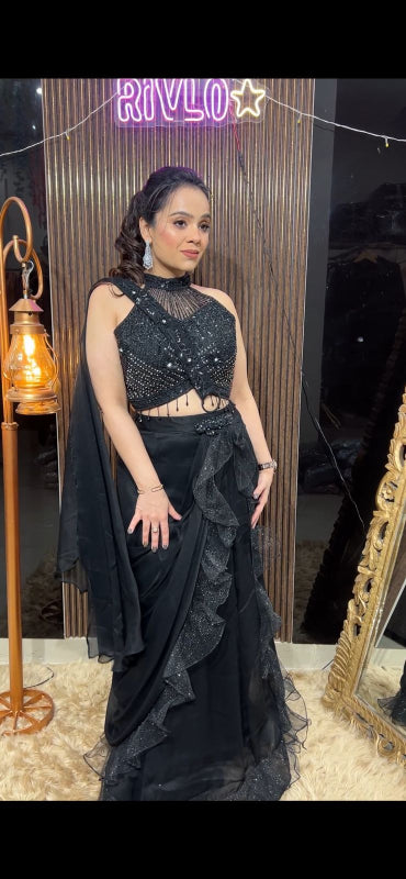 Ruffled Embellished Drape Saree Set AC09