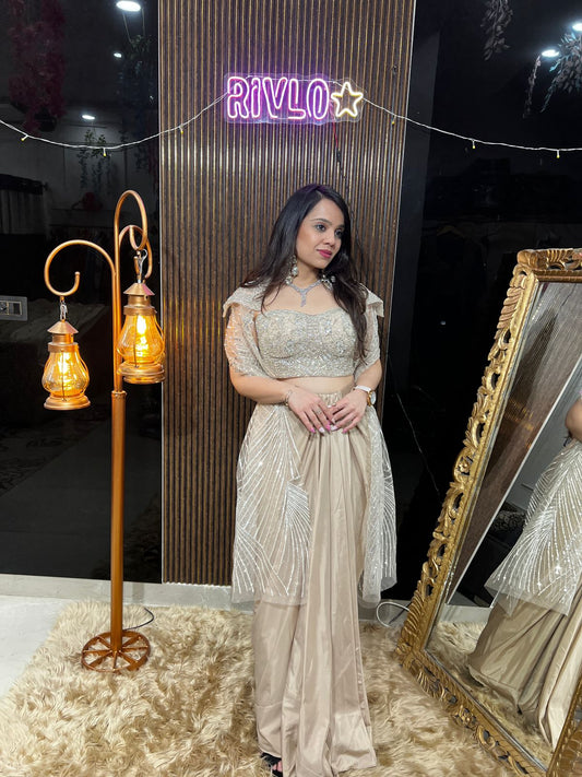 ✨ ✨ Mint Green And Beige Embellished Draped Indo-Western Set RC409