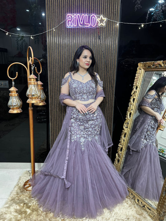 Embellished Taupe Net Fishcut Lehenga with Dupatta RC443