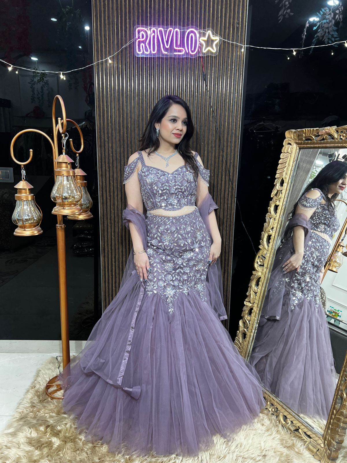 Embellished Taupe Net Fishcut Lehenga with Dupatta RC443