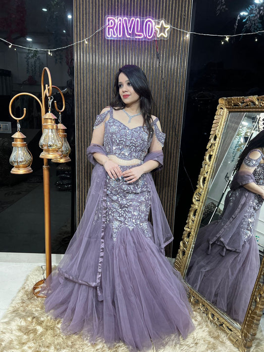 Embellished Taupe Net Fishcut Lehenga with Dupatta RC443