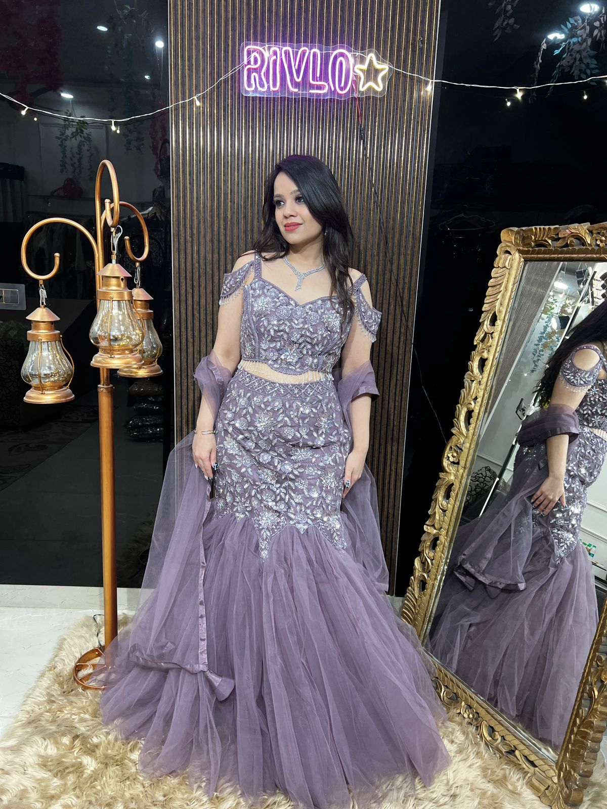 Embellished Taupe Net Fishcut Lehenga with Dupatta RC443