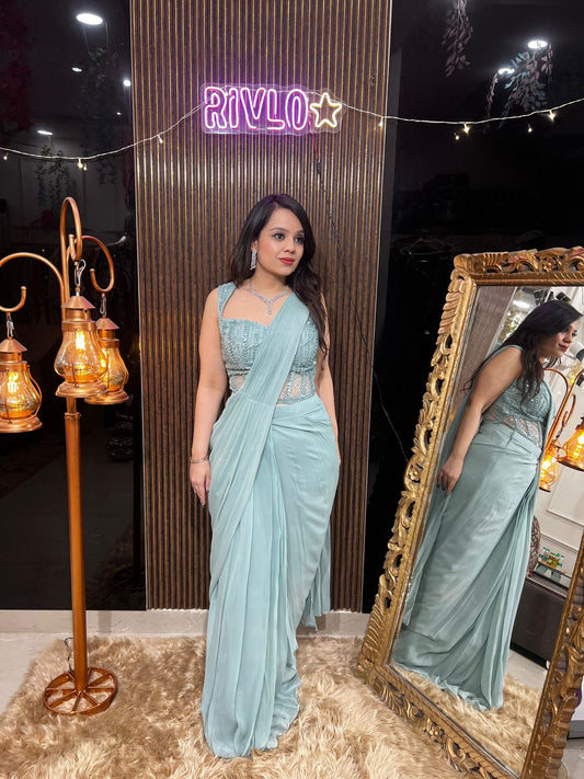Blush Green And Sea blue Embellished Corset Drape SareeRC466