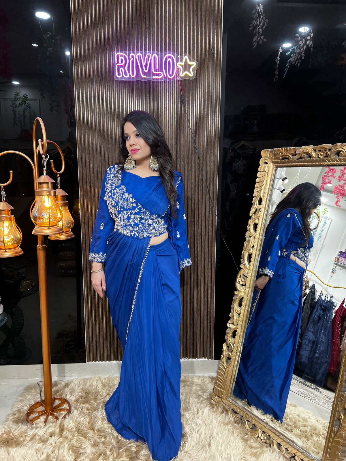 BLUE AND HOT PINK EMBLISHED DRAPE SAREE RC472