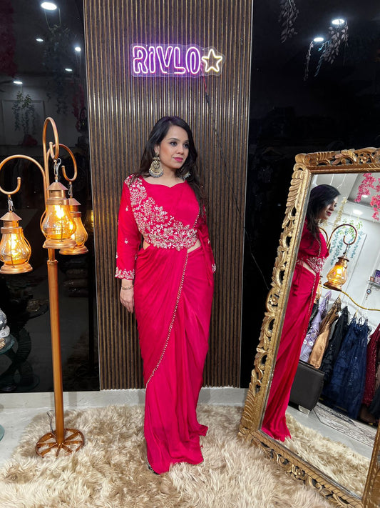 BLUE AND HOT PINK EMBLISHED DRAPE SAREE RC472