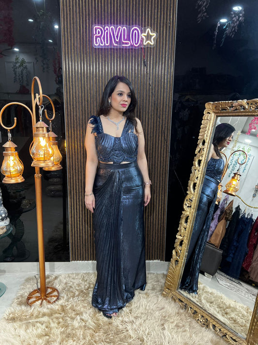 Electric Blue Draped Indo-Western Set with Corset BlouseRC477