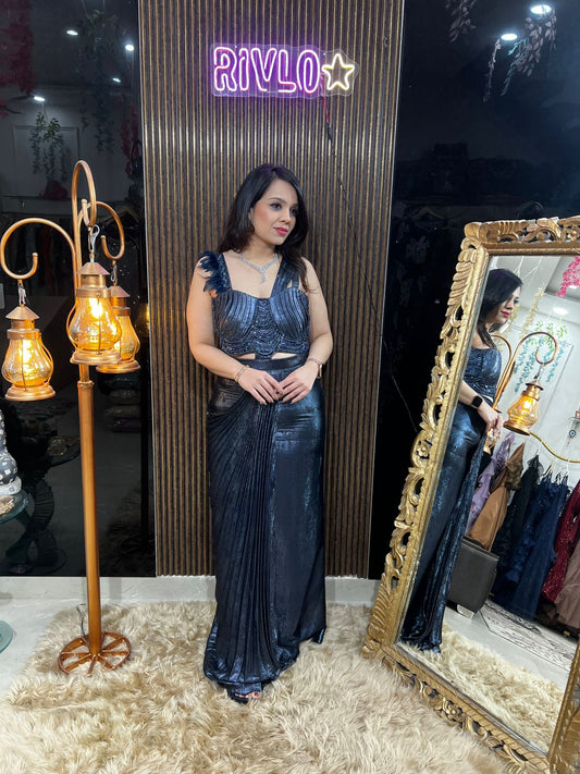 Electric Blue Draped Indo-Western Set with Corset BlouseRC477