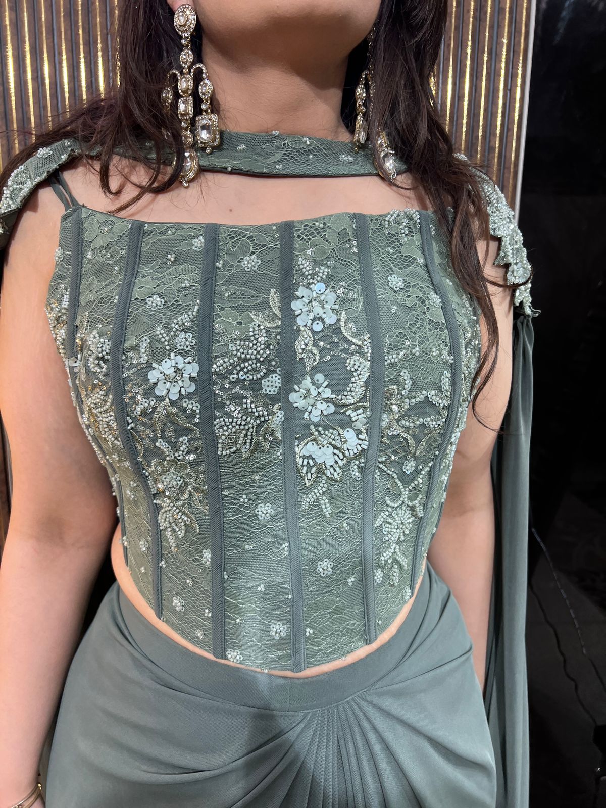 Charcoal Grey, Green,Brown Pre-Draped Saree with Embroidered Corset Blouse RC483