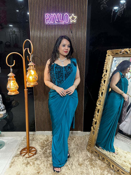Beige And Teal Blue Draped Saree RC496
