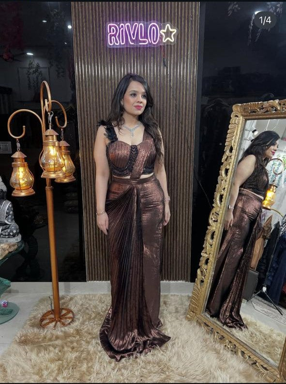Gold And Electric Blue Draped Indo-Western Set with Corset Blouse RC477