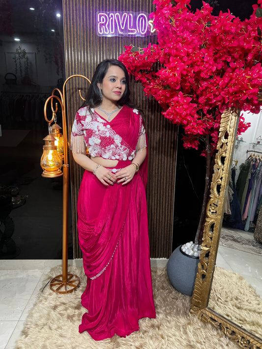 Hot Pink And Blue Glam Drape Saree AC74