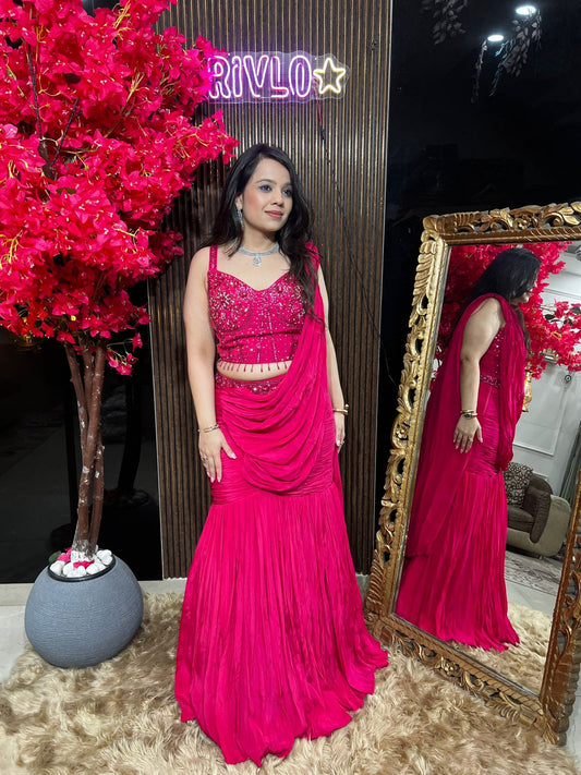 HOT PINK AND TURQUOISE CHINON FISH CUT LEHENGA RC527