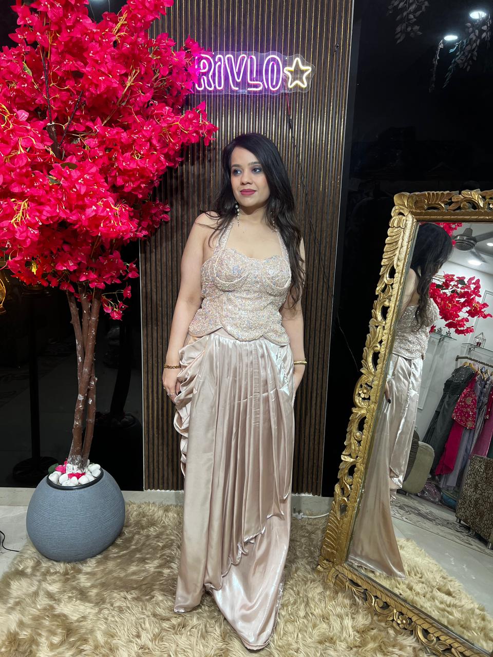 Blush Silver And Peach Embellished Drape Saree Set ✨ RC546