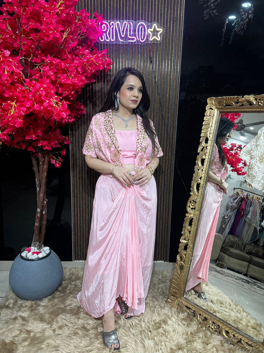 ✨ Ivory & Pink With Golden Work  Draped Indo-Western Set RC497