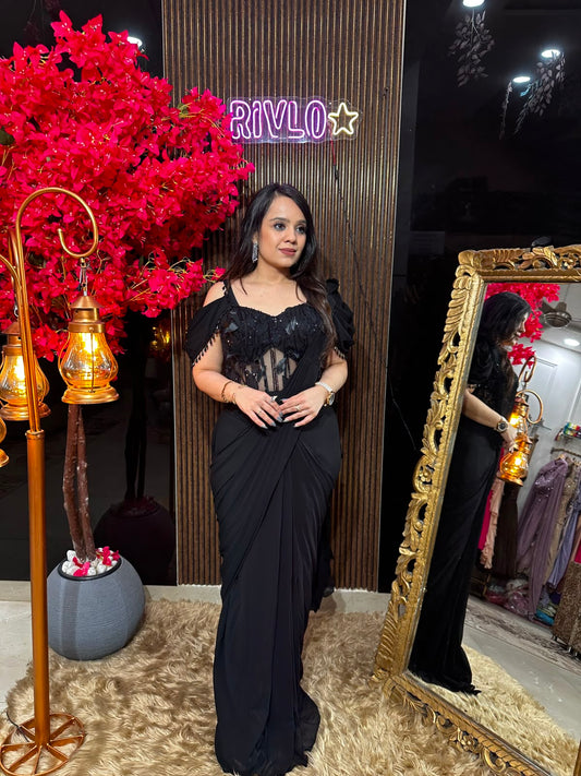 Midnight Sapphire & Black Ruffle Saree RC581