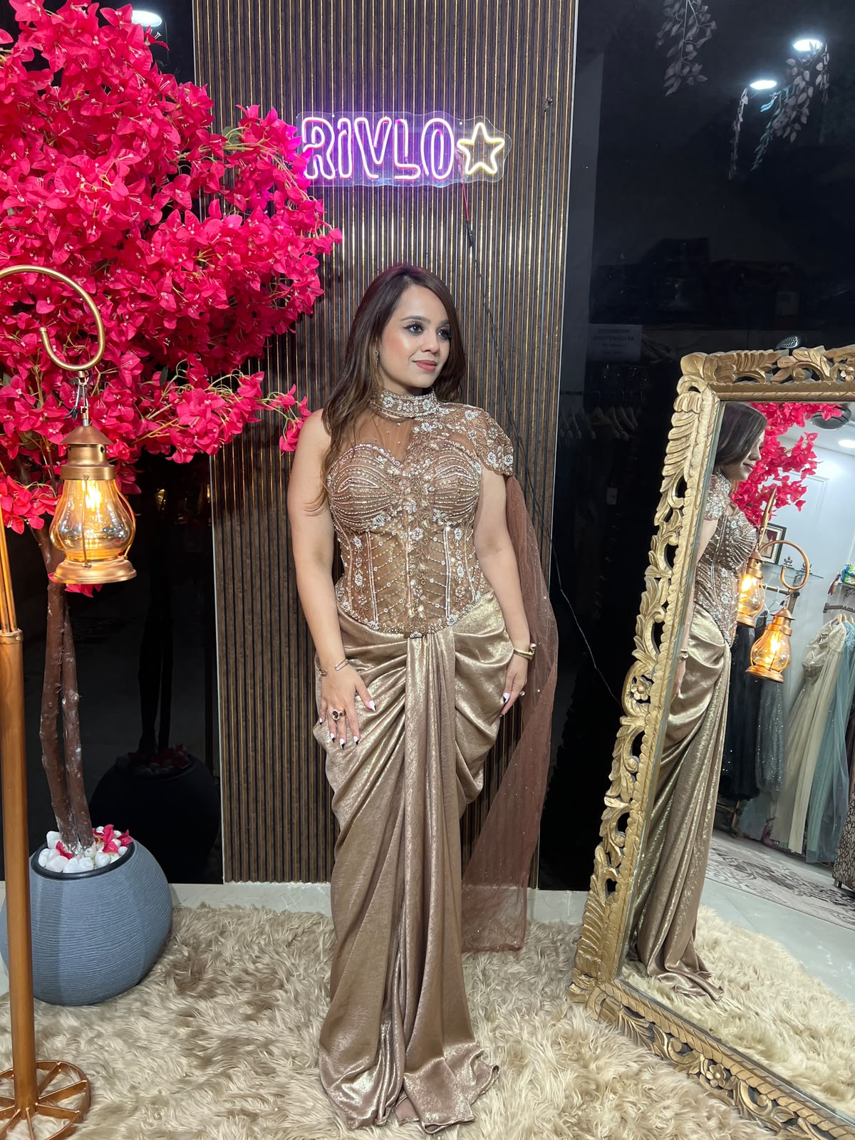 Rose Gold & Grey Sculpted Drape Saree RC616