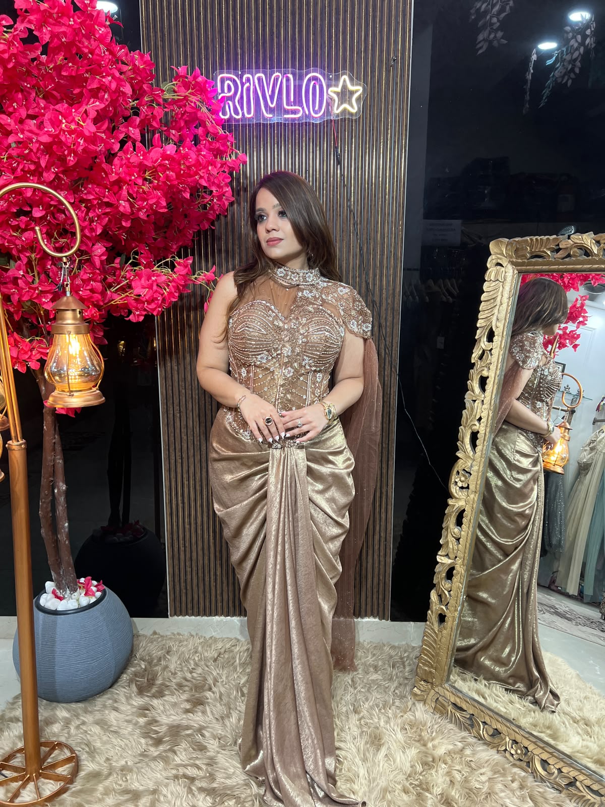 Rose Gold & Grey Sculpted Drape Saree RC616