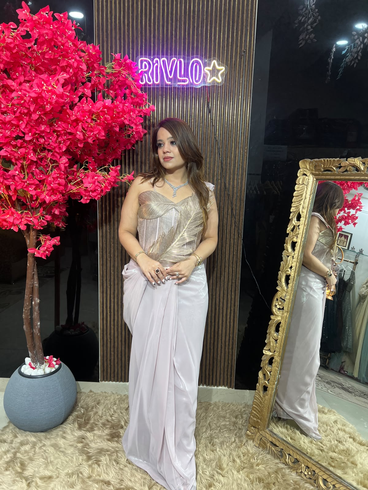 Ice Blue,Blush Pink & Gold Feather Drape Saree RC613