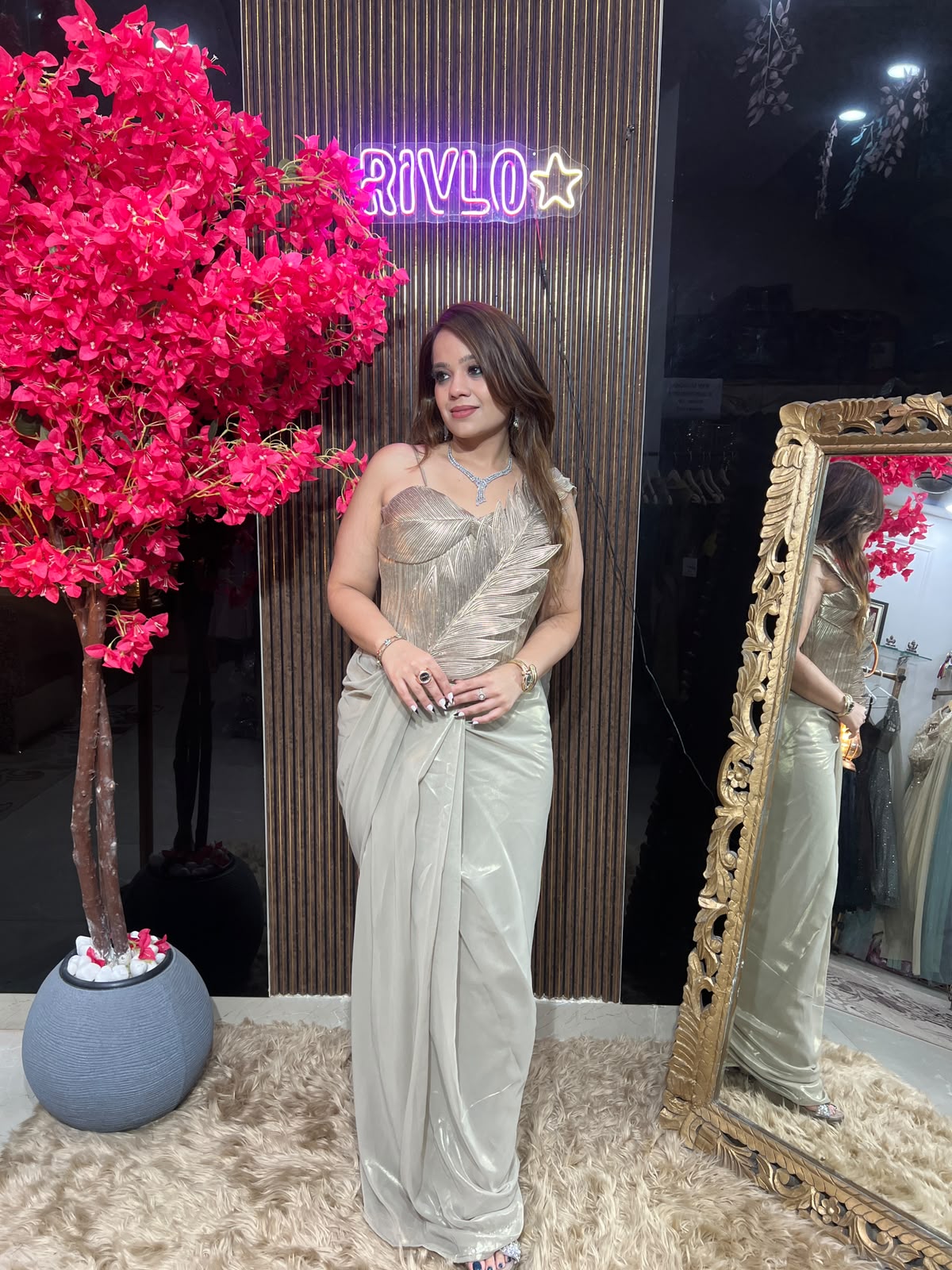Ice Blue,Blush Pink & Gold Feather Drape Saree RC613