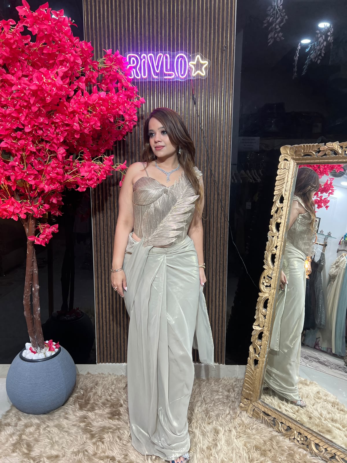Ice Blue,Blush Pink & Gold Feather Drape Saree RC613