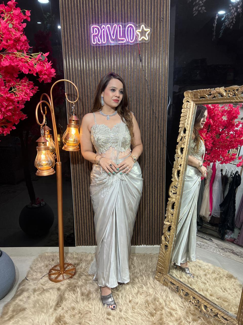 Ivory Pearl Draped Saree Set AC110