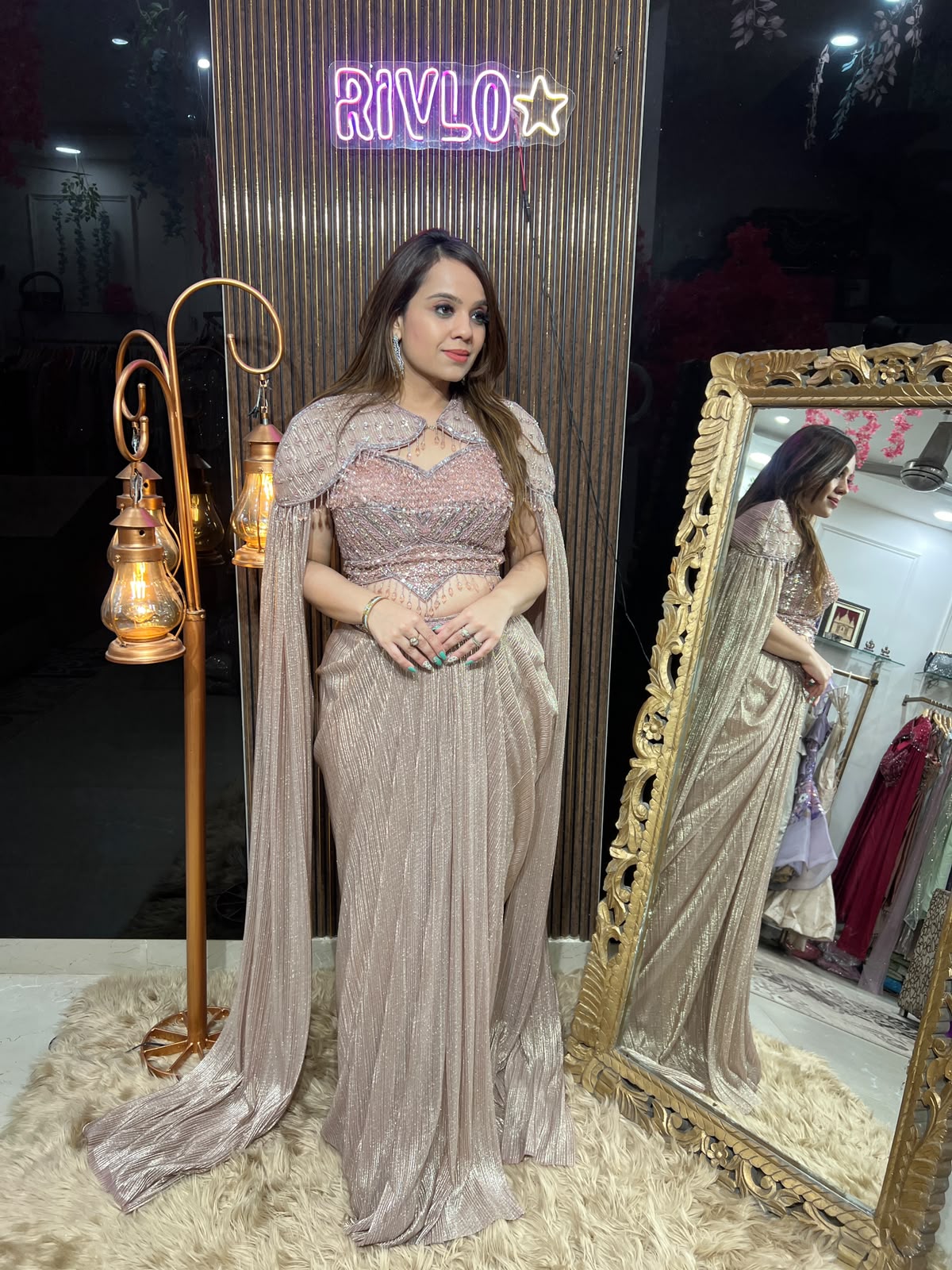 Viral Rose Gold & Ivory Embellished Drape Set With Cape ✨ RC654