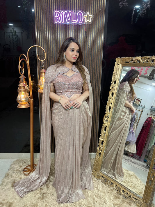 Viral Rose Gold & Ivory Embellished Drape Set With Cape ✨ RC654