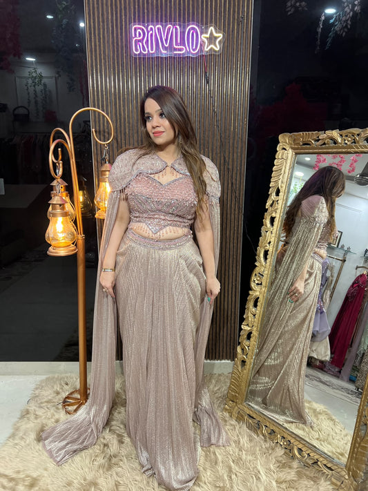 Viral Rose Gold & Ivory Embellished Drape Set With Cape ✨ RC654