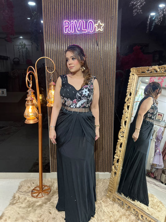 Midnight Blue,  Red & Black Embellished Draped Gown RC664