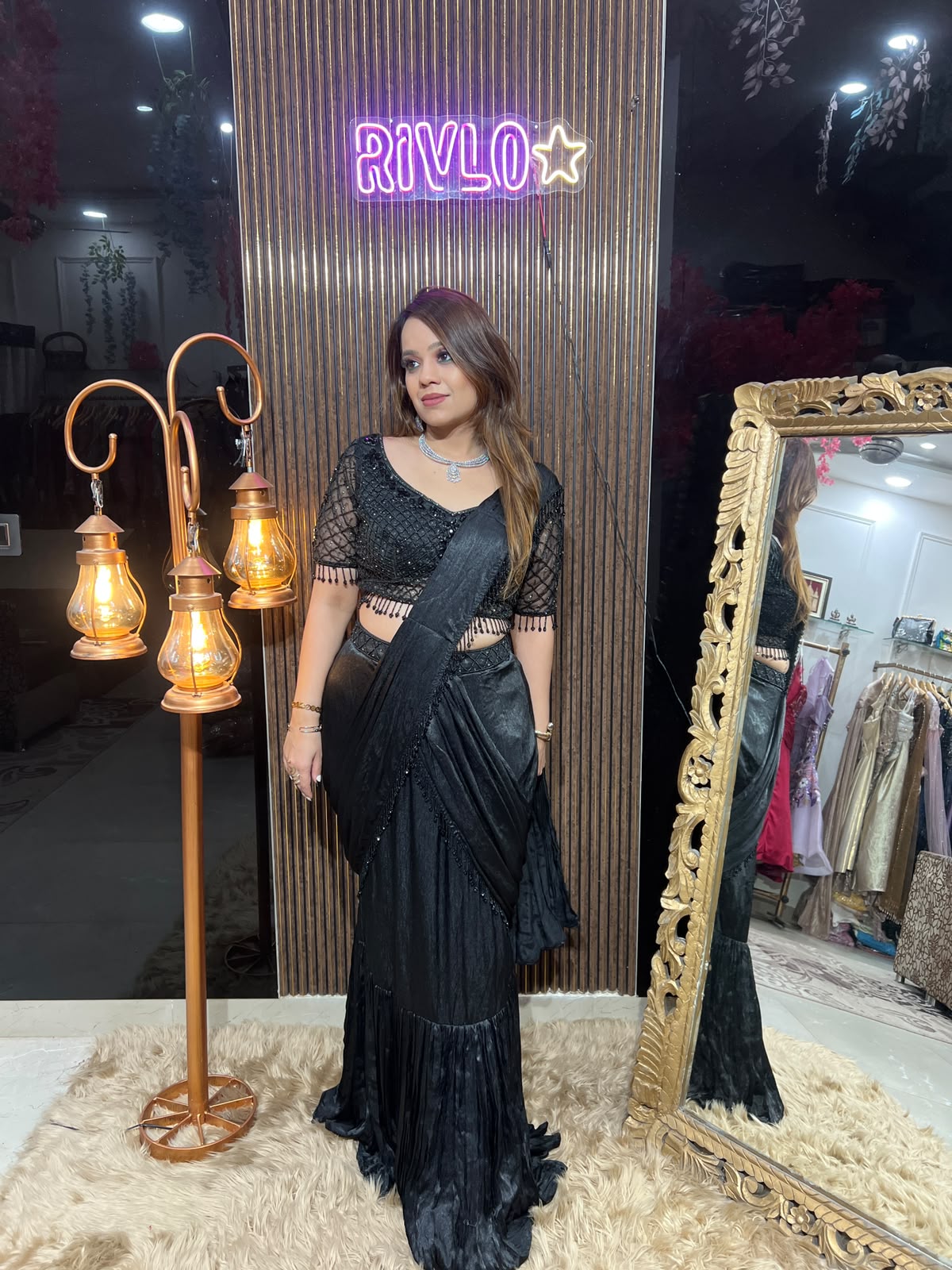 Sleeves Ivory Pearl , Lavender & bLACK Embellished Drape Saree RC667