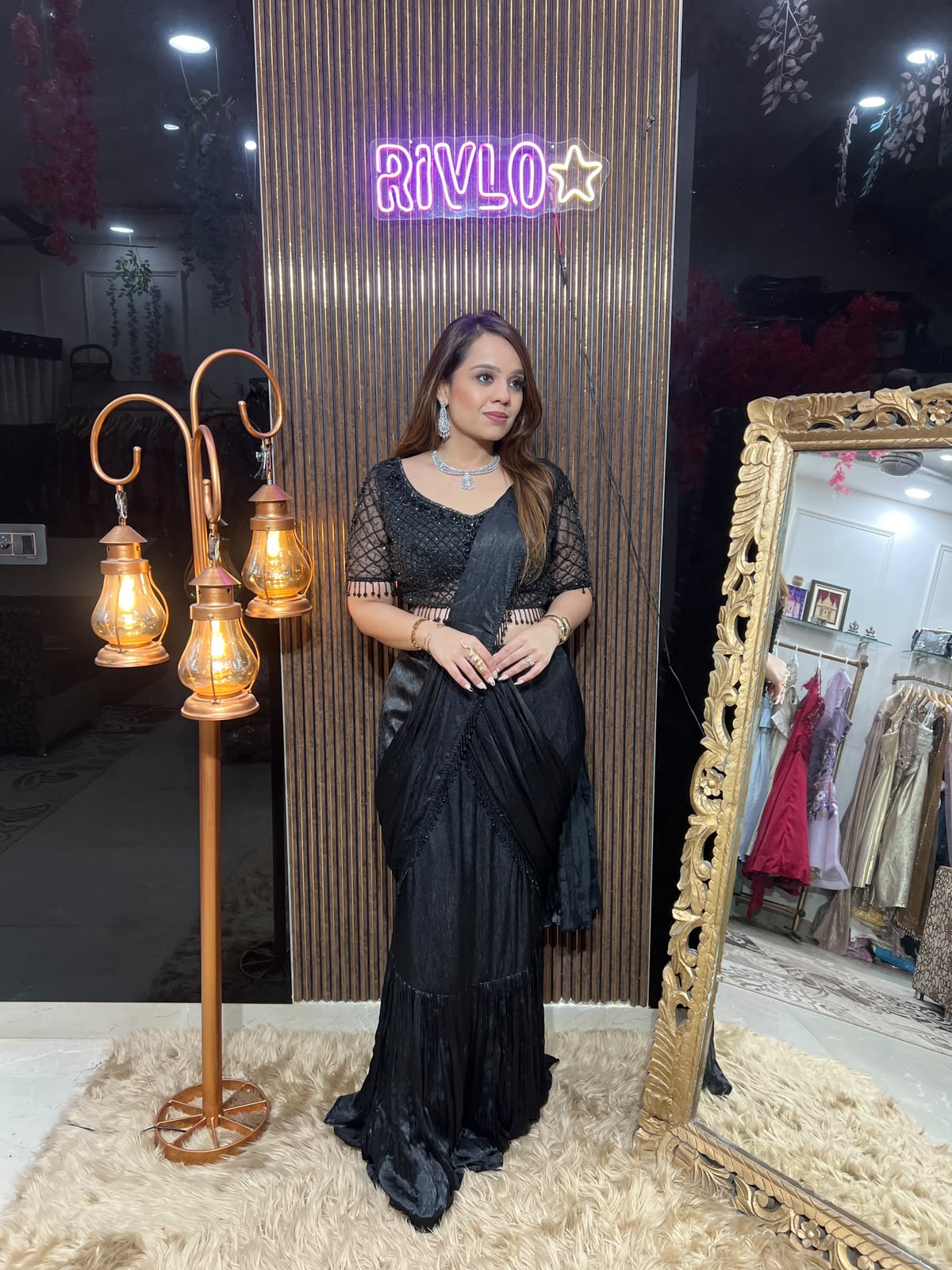 Sleeves Ivory Pearl , Lavender & bLACK Embellished Drape Saree RC667