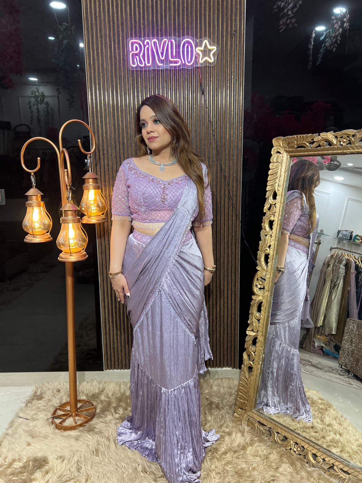 Sleeves Ivory Pearl , Lavender & bLACK Embellished Drape Saree RC667