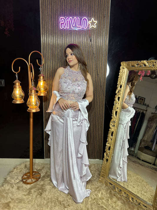 Ice Blue & Pink Embellished 3-Piece Indo-Western Set RC681